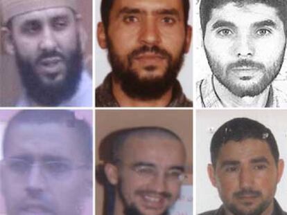 Seis de los nueve encarcelados anteayer. De izquierda a derecha, y de arriba abajo: Mohamed Mrabet Fahsi, Hassan Mordoude, Abdelhak Boudina, Mustafa Fawzi Ait  Oudris,  Mohamed Samadi y Mustafa Es Satty.