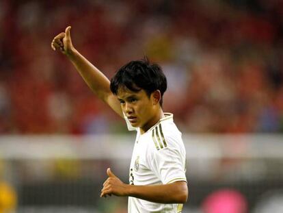 Takefusa Kubo, en un partido de la pretemporada del Real Madrid, contra el Bayern Múnich.