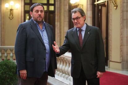 Mas i Junqueras abans de la reuni&oacute; del 5 de gener.