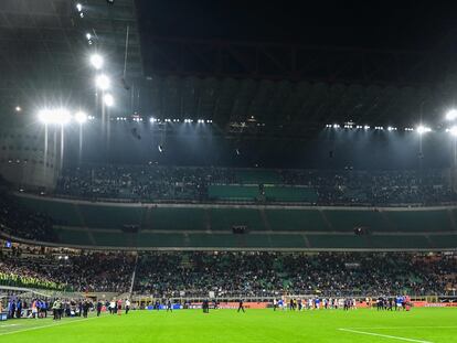 The Curva Nord at the Giuseppe Meazza stadium stands empty after supporters were forced from the stands by ultras after the death of Vittorio Boiocchi last Saturday.