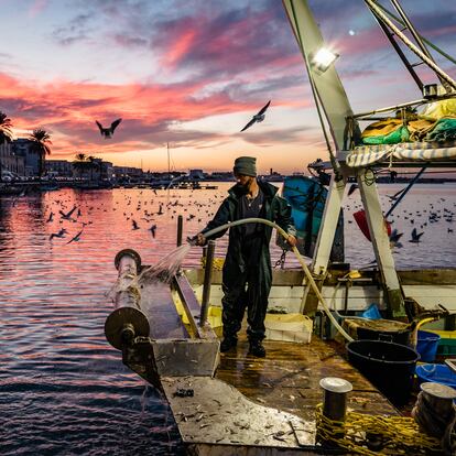 A fisherman is cleaning his fishing boat after sorting the catch from trawling to prepare for a direct sale in the Port of Molfetta, Italy, on December 1, 2023. (Photo by Davide Pischettola (NurPhoto / Getty Images)