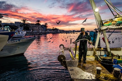 Un pescador limpia su barco en el puerto de Molfetta, al sur de Italia.