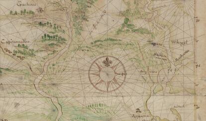 Mapa del área de Nueva York con los nombres de los pueblos nativos (1614), perteneciente al Archivo Nacional de los Países Bajos, en una imagen cedida por el Museo de Ámsterdam.