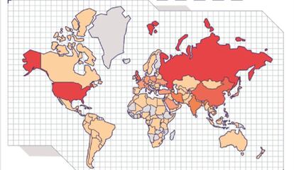 Mapa de los países más atacados por piratas informáticos. Los colores más oscuros muestran los que han sufrido más campañas. 