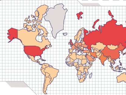 Mapa de los países más atacados por piratas informáticos. Los colores más oscuros muestran los que han sufrido más campañas. 