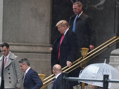 Donald Trump on Tuesday in Washington; after attending a hearing on his criminal indictment for election interference, he made a press appearance at a hotel.