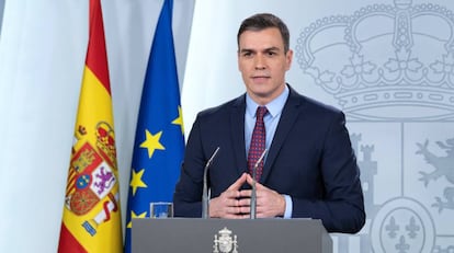El presidente del Gobierno, Pedro Sánchez, en su comparecencia en La Moncloa.