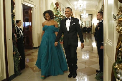 La primera dama escogió en 2013 un vestido más vaporoso con escote palabra de honor de color esmeralda, firmado por Marchesa.