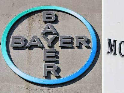Imagen del logo de Bayer en Leverkusen (Alemania) y el de Monsanto cerca de Amberes (Bélgica).  
