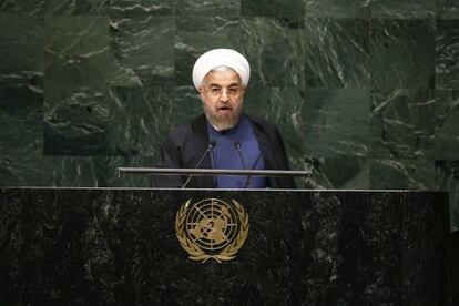 El presidente iraní, Hasán Rohani, ante la Asamblea General de las Naciones Unidas este jueves.