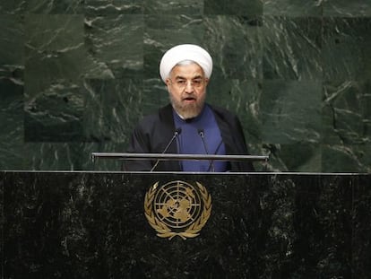 El presidente iraní, Hasán Rohani, ante la Asamblea General de las Naciones Unidas este jueves.