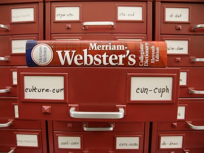 A Merriam-Webster dictionary sits atop their citation files.