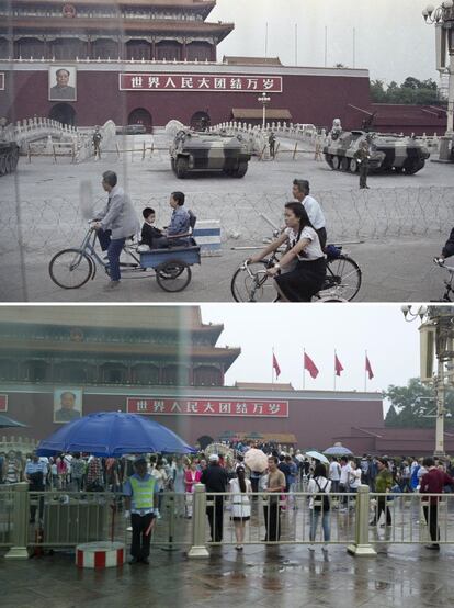 Arriba, tanques blindan la plaza de Tiananmen, 13 de junio de 1989. Abajo, la policía vigila una zona acordonada en la plaza de Tiananmen, 24 de mayo de 2014.