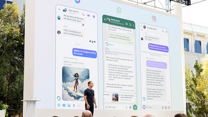 El CEO de Meta, Mark Zuckerberg, muestra el nuevo asistente de inteligencia artificial de WhatsApp, Instagram y Messenger.
