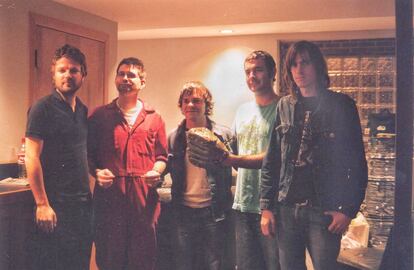 Steve Albini (second from left, in red) with The Red Room during the recording of 'New Times' (2005).