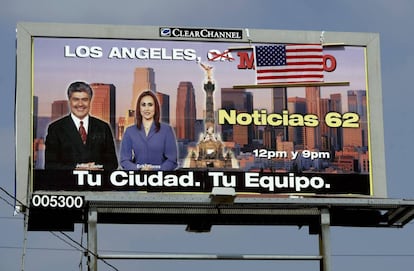 An American flag has been placed over the word “Mexico” on this billboard in the US.