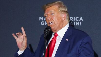 Former U.S. President and Republican presidential candidate Donald Trump speaks during a campaign rally in Windham, New Hampshire, U.S., Aug. 8, 2023.