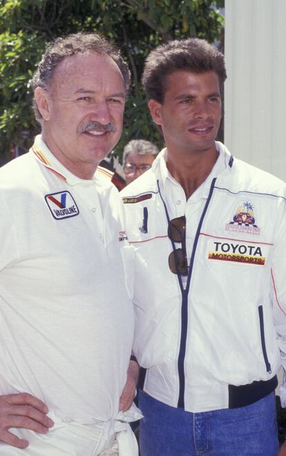 Gene Hackman y Lorenzo Lamas en una carrera en Long Beach (California) en 1987.