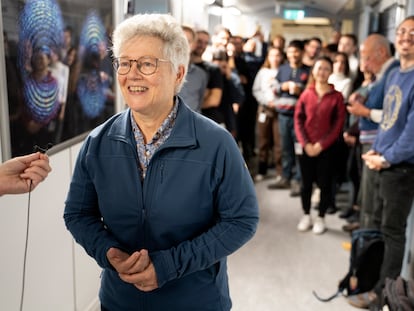 Anne L'Huillier, 2023 Nobel Prize winner in Physics, addresses the press at Lund University, Sweden, last Tuesday.