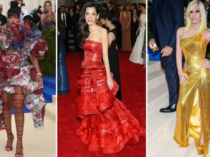 Rihanna, en la gala de 2017, Amal Clooney, en 2015, y Donatella Versace, en 2017.