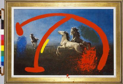 'Chevaux mis en fuite par un oiseau' (caballos huyendo por un pájaro), 1976. Óleo sobre lámina, 50 x 74 cm.