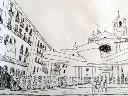 Dibujo del proyecto de Peter Cook y Yael Reisner en la plaza de la Merc&egrave;. 