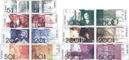 El proceso para elegir el diseño final de los billetes de euro fue largo y complicado, pero una de las ideas más tradicionales se concluyó casi al principio: había que descartar las fotografías de personajes ilustres históricamente favoritas. Habría sido muy fácil que algunos países acabaran imponiéndose y con solo siete billetes, no podrían salir todas reflejadas. Así, los únicos personajes que podían salir serían anónimos —actuales o históricos— no fácilmente identificables con una nación o etnia y con los que toda Europa podría reflejarse. "Incluso el menor parecido con una persona reconocible se podría tomar como favoritismo". Este diseño de Daniel y Johanna Bruun llegó a la final en una de las dos categorías, Arte y Estilo de Europa.