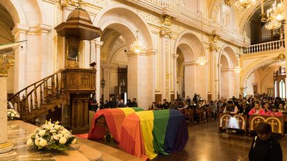 Family, friends and LGBTQ activists attend the mass in honor of Ociel Baena, in the Cathedral of Aguascalientes, on November 14, 2023.