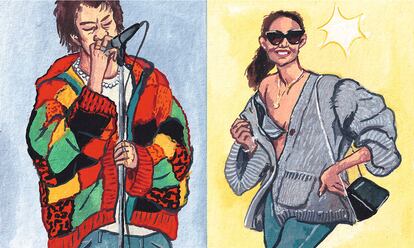 Ilustración de Harry Styles con la chaqueta de patchwork de JW Anderson y Katie Holmes con el conjunto de Khaité.
