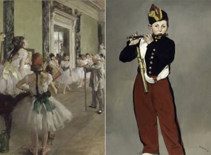 <i>La clase de danza</i> (entre 1871 y 1874), de Edgar Degas; a la derecha, <i>El flautista</i> (1866), de Edouard Manet.