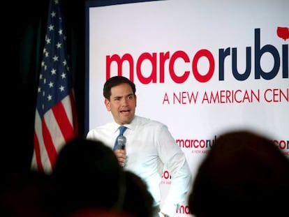 O senador Marco Rubio durante comício em Iowa.