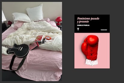 A photograph from Rosalía's Instagram account, published on September 7, 2022. Next to the guitar, the back cover of the essay 'Feminism Past and Present,' by Camille Paglia, can be seen. Also visible is 'What Matters Most Is How Well You Walk Through the Fire,' a posthumous collection of works by Charles Bukowski.