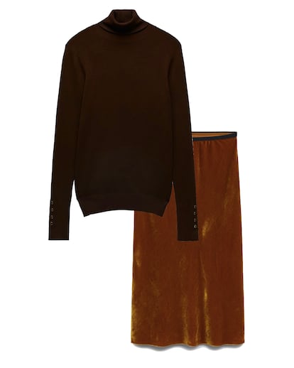 ¿Qué tonos elijo?

Los marrones, teja, burdeos, óxido y anaranjados son un clásico de otoño, como este jersey cisne (de Zara) y esta falda de terciopelo (de Mango).