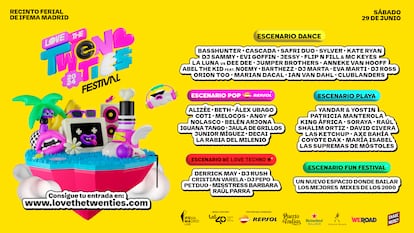 Cartel de artistas confirmados de Love the Twenties Festival, que tendrá lugar el sábado 29 de junio en IFEMA Madrid.