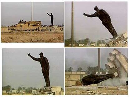 Secuencia de la caída de la estatua de Sadam Husein  en  Basora, derribada por un carro blindado británico.