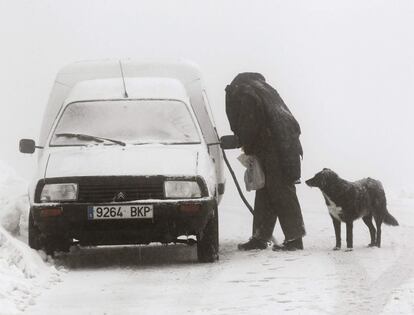 Una persona junto a su perro intenta abrir la puerta de su vehículo en una jornada previa al importante cambio de temperatura según las predicciones meteorológicas