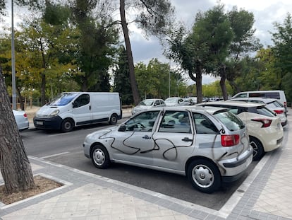 Uno de los coches vandalizados con pintura en espray en la calle de Cerecinos, en Usera.