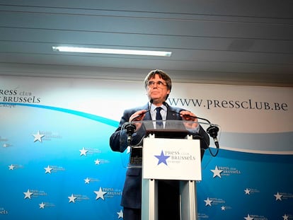 Carles Puigdemont, en una rueda de prensa posterior a la firma del acuerdo de investidura entre Junts y el PSOE, el jueves en Bruselas.