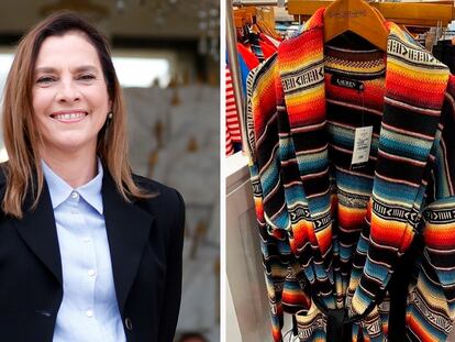 (Der.) Beatriz Gutiérrez Müller retratada en 2020 y (Izq.) el diseño del sarape lanzado por Ralph Lauren