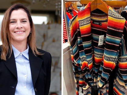 (Der.) Beatriz Gutiérrez Müller retratada en 2020 y (Izq.) el diseño del sarape lanzado por Ralph Lauren