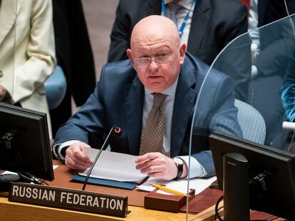 Vassily Nebenzia, permanent representative of Russia to the United Nations, speaks during a meeting of the UN Security Council, March 29, 2022, at United Nations headquarters.