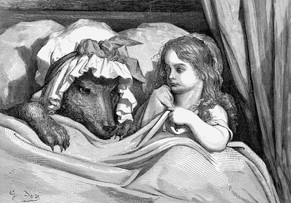 Grabado de Gustave Doré de la escena en Caperucita roja en la cama con el lobo: "Quedó asombrada al ver el aspecto de su abuela", de la versión de 1862 en  'Los cuentos de Mamá Ganso' de Charles Perrault.