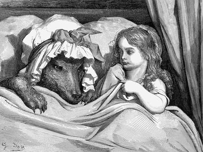 Grabado de Gustave Doré de la escena en Caperucita roja en la cama con el lobo: "Quedó asombrada al ver el aspecto de su abuela", de la versión de 1862 en  'Los cuentos de Mamá Ganso' de Charles Perrault.