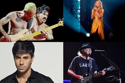 De izquierda a derecha y de arriba a abajo: Red Hot Chili Peppers, Shakira, Enrique Iglesias y Neil Young, artistas que han vendido sus catálogos a Hipgnosis Song Fund