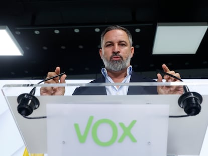 El líder de Vox, Santiago Abascal en la sede de su partido el pasado mes de julio.