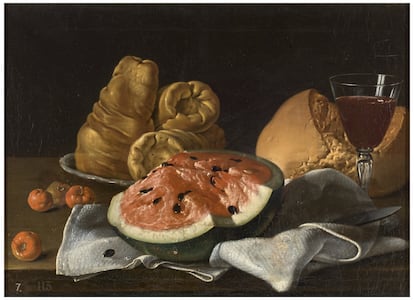 'Bodegón con sandía y acerolas, quesos, pan y vino' (1779) de Luis Egidio Meléndez.