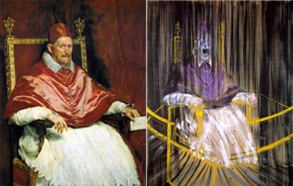 A la izquierda, Retrato de Inocencio X, de Velázquez, fechado en 1650 y expuesto en la Galería Doria Pamphili de Roma. A la derecha, el Estudio del retrato del Papa Inocencio X de Velázquez, de Francis Bacon, fechado en 1953 y expuesto en el Des Moines Art Center