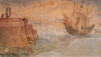 Pintura de Giulio Parigi representando el incendio de una nave romana utilizando un espejo ustorio durante el sitio de Siracusa (Galería de los Uffizi, Florencia).