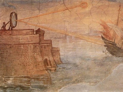 Pintura de Giulio Parigi representando el incendio de una nave romana utilizando un espejo ustorio durante el sitio de Siracusa (Galería de los Uffizi, Florencia).