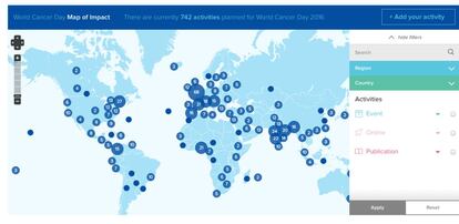 Mapa de la organización mundial del Día Contra el Cáncer.